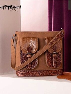 Trinity Ranch Tan Tooled Leather Hair On CCW Hobo Bag